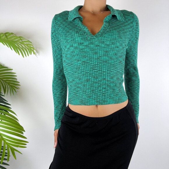 Women's Vintage Y2K Rue21Green Preppy Ribbed Knit Fitted Long Sleeve Top / Small - Picture 4 of 5